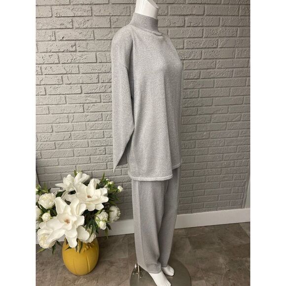 Lisa Originals Women Sliver Shimmering Long Sleeve Mock Neck Blouse & Pant 2 Pcs - Picture 3 of 8